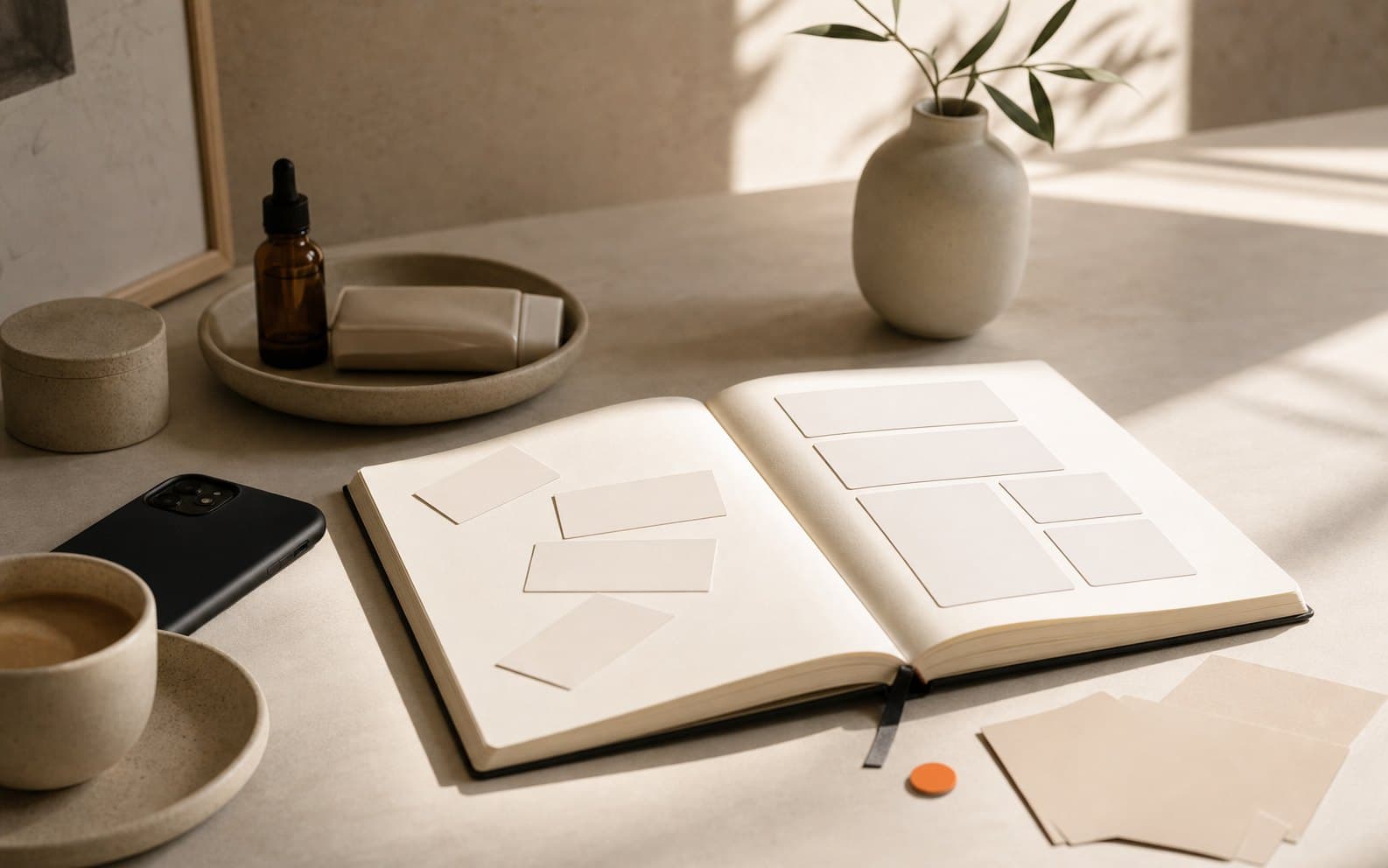 Warm creator workspace with blank recommendation cards and a notebook.