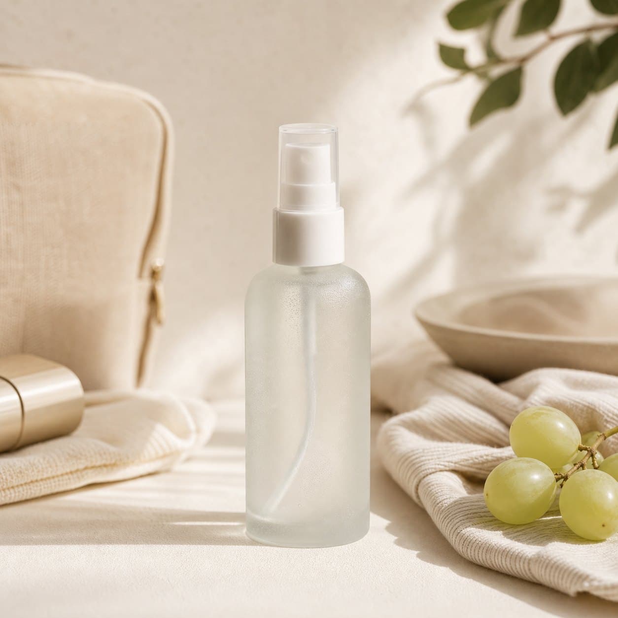 A simple morning skincare routine arranged on a warm vanity.