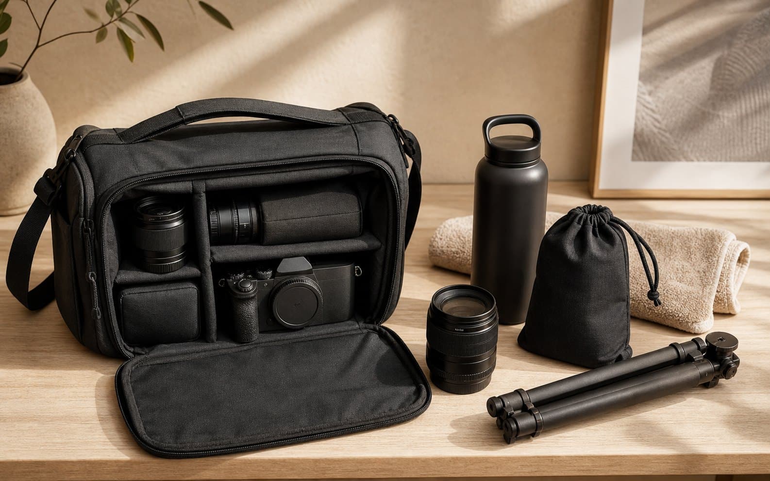 A practical creator gear kit arranged in warm natural light.
